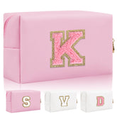 Personalized Initial Letter Patch Makeup Bag, Preppy Small Chenille Letter Cosmetic Bag with Zipper, PU Leather Waterproof Travel Toiletry Bag Monogram Make Up Pouch for Women Girls(Letter K)